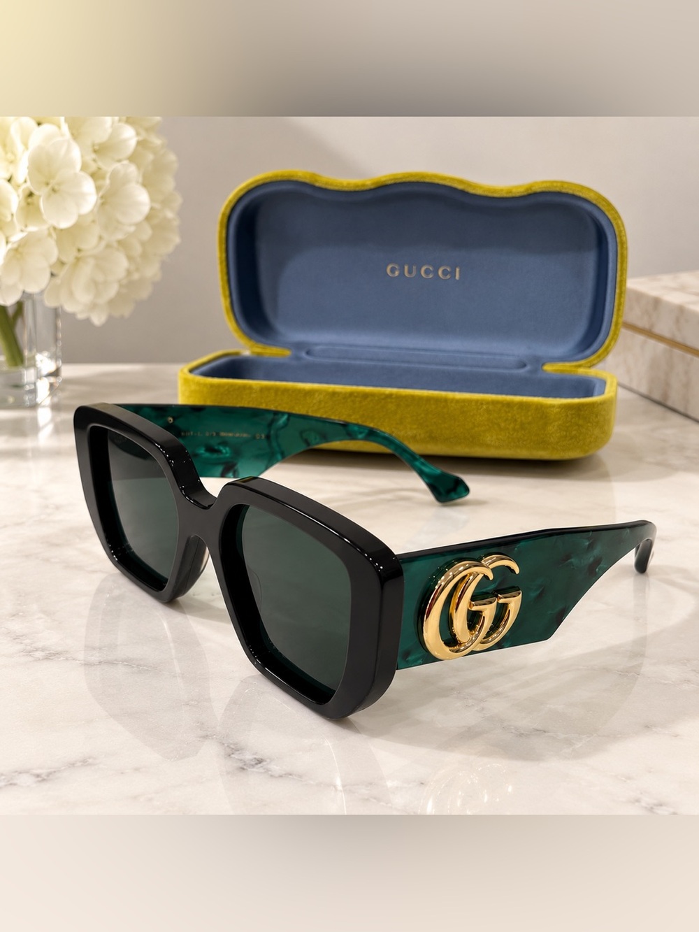 Gucci Black Square Frames with Green Marble Temples and Gold GG Accent